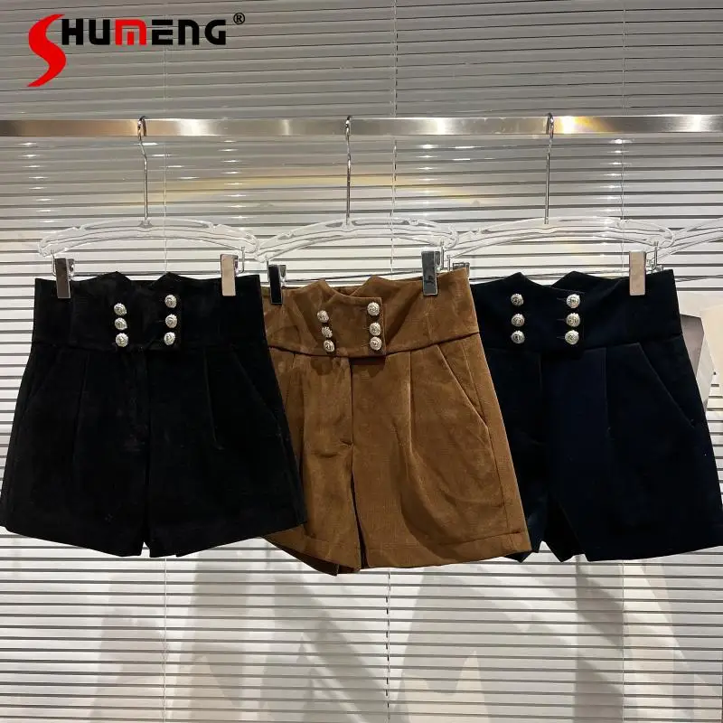 

All-Matching Solid Color Buttons Decorative Loose Shorts Ladies 2021 Winter New Fashion Pleated Casual Shorts for Women
