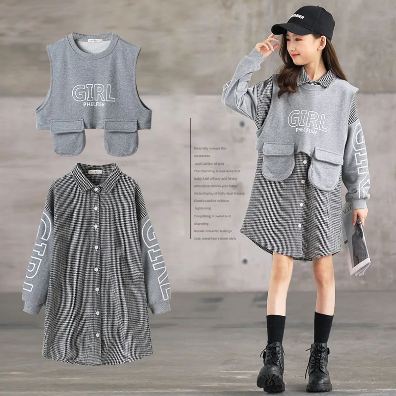 

Girls Clothing Sets 2022 Spring Children's Vest Tops Dress Two-piece Kids Casual Long-sleeve Outfits Teens School Fashion Suits