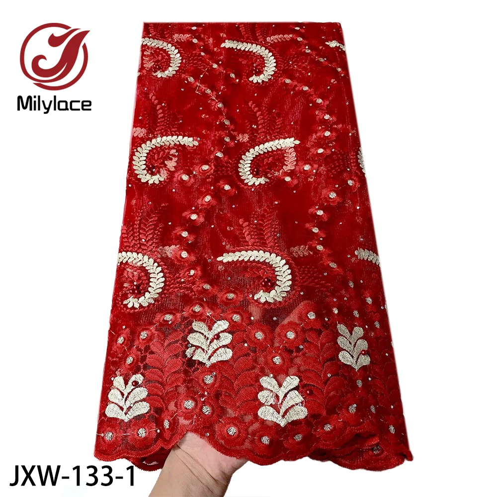 

Cheap African Lace Fabrics 5 Yards Tulle Embroidered Beads Lace Fabric High Quality French Lace Fabric for Woman Party JXW-133