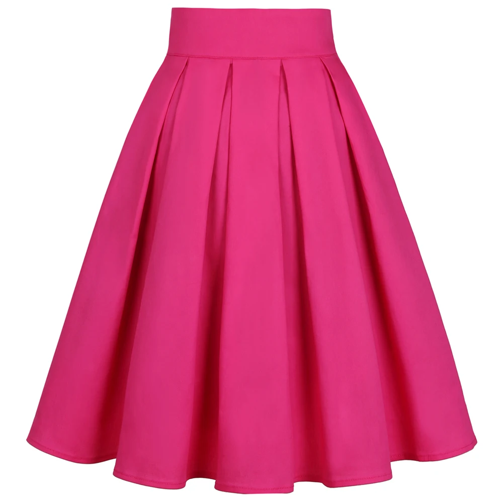 Women Fashion Casual Solid Color Pink Vintage High Waist Pleated Skirt Retro Rockabilly Ladies Midi Skirts Girl School Skater | Женская