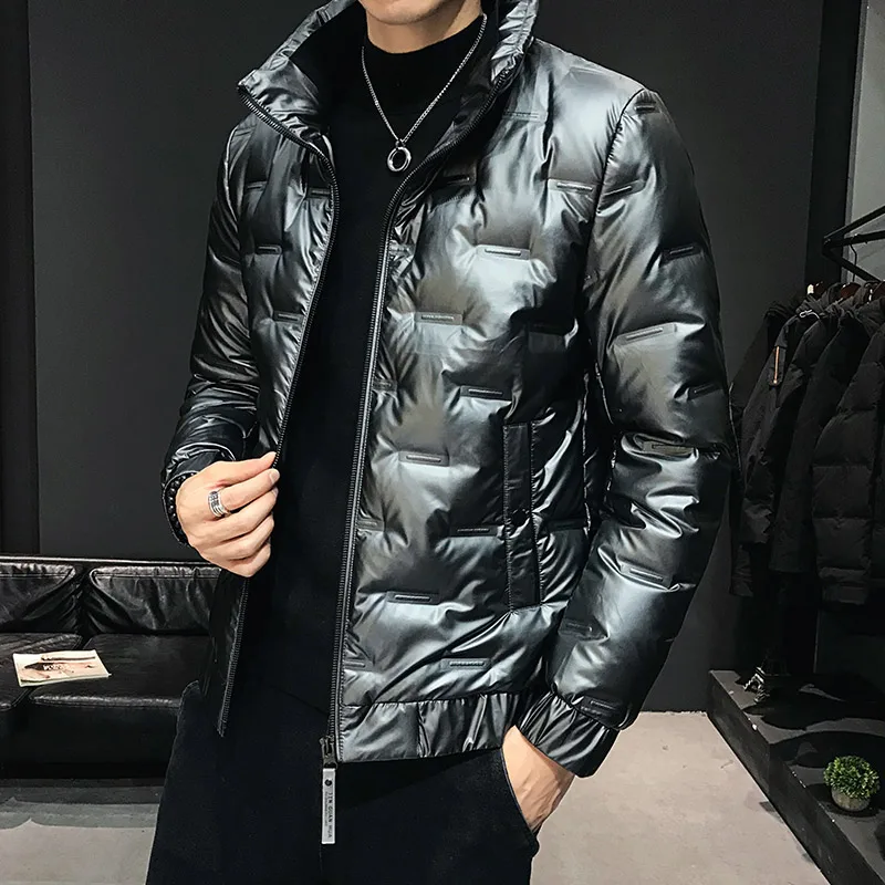 Winter Men's Down Jacket 80% White Duck Down Parka Thick Warm Stand Collar Outwear Black Glossy Men's Down Coat  High Quality