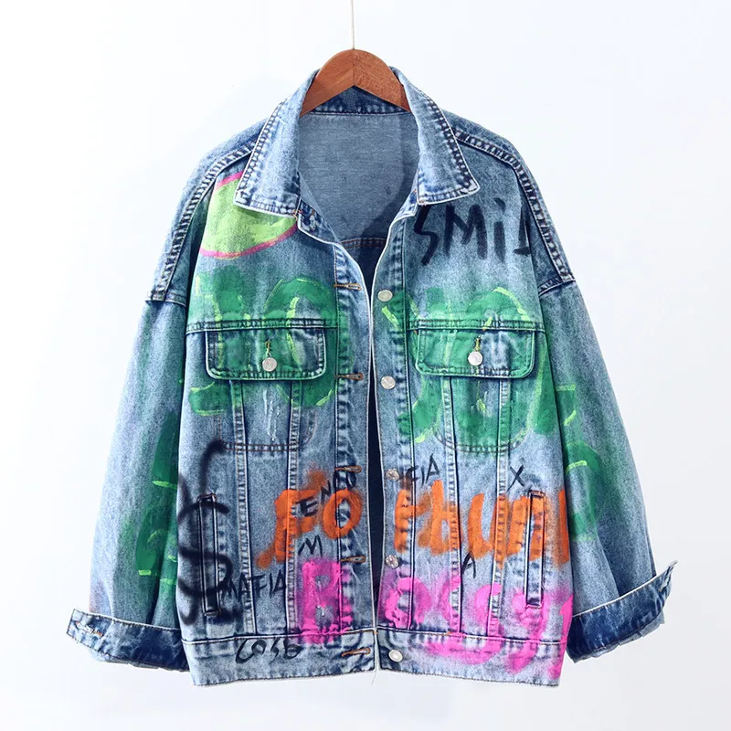 Куртка женская джинсовая короткая с надписью модная свободная уличная одежда из