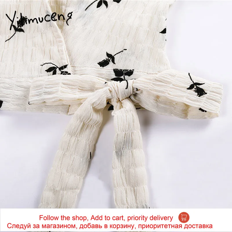 

Yitimuceng Floral Print Bow Lace Up Vintage Blouse Women Folds Shirts New Spring 2021 Puff Sleeve V-Neck Short Sleeve Tops