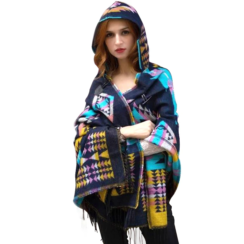 Luxury Winter Hooded Outwear Wool Blend poncho coat Boho Style Geometric Cardigan Sweater Blanket Cloak Women's Poncho Cape