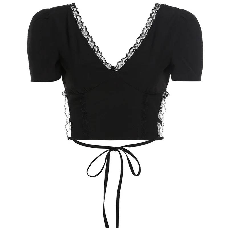 

YSDSGS Gothic Sexy Bodycon Lace Women Summer Crop Tops Black Backless Mesh Bandage Female Clothes Fashion Vintage E-Girl Tee