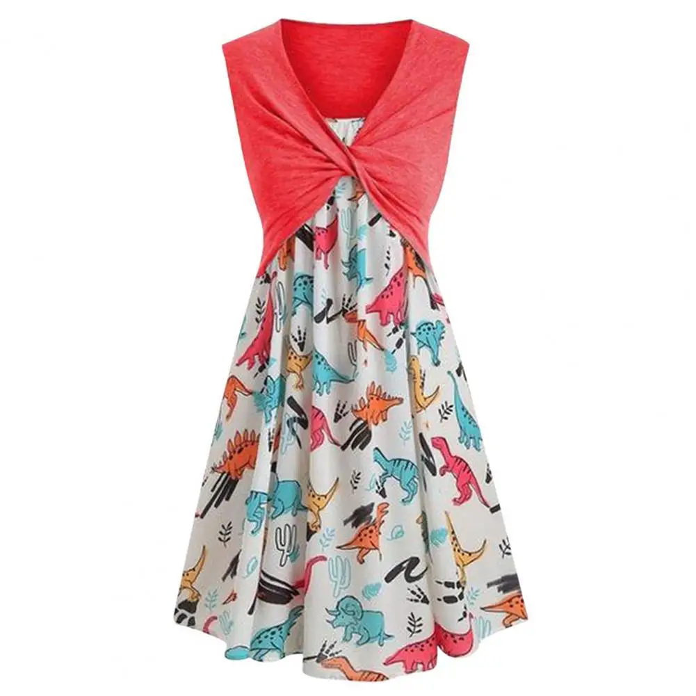 Модное женское платье без рукавов с принтом динозавра широким подолом