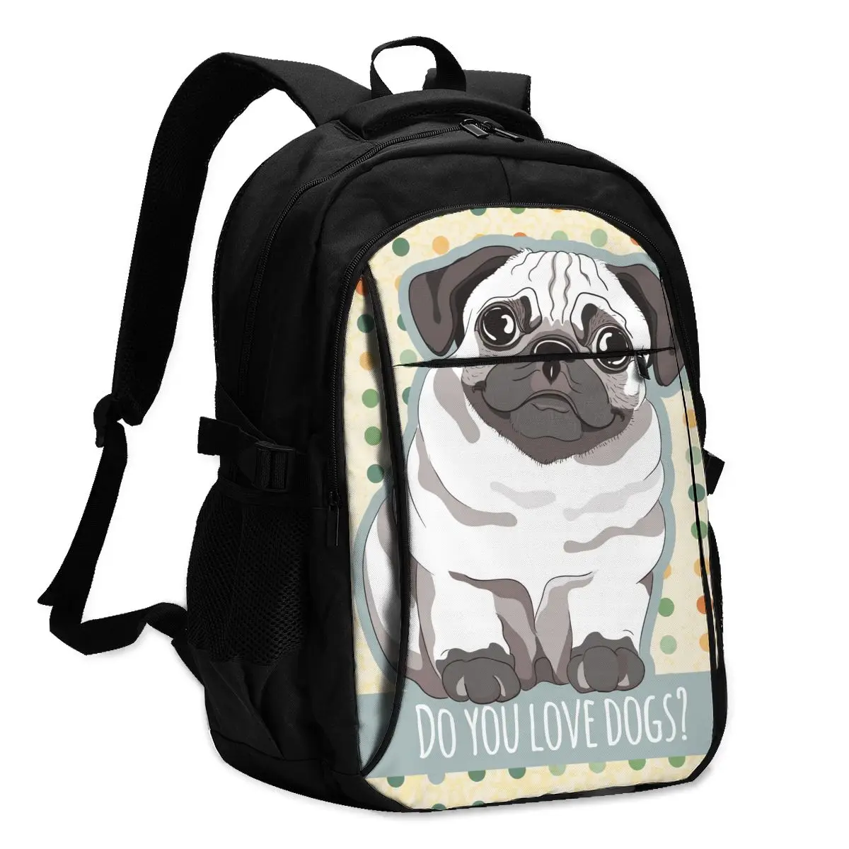 

2021 Прохладный печати ноутбук рюкзак Щенка Мопса на Винтаж зарядка через USB путешествия Для женщин Мужской школьная сумка Mochila