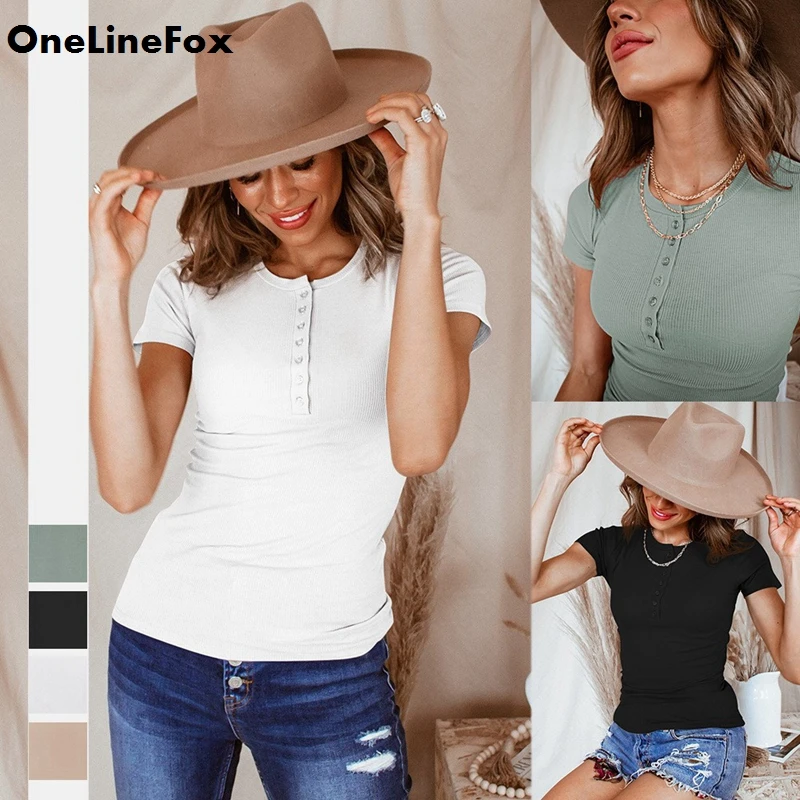 

OneLineFox Summer Rib Knitted Skinny Fashion Shirt Women Short Sleeve Buttons T-Shirt Black O-Neck Streetwear Female Tee Tshirts