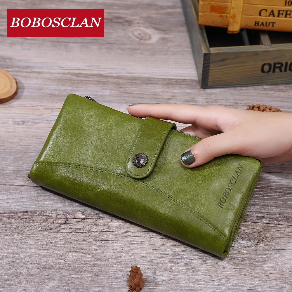 

BOBOSCLAN Female Wallet Genuine Leather Long Purse Light Green Famous Brand Designer Wallet Women 2020 New Female Purse