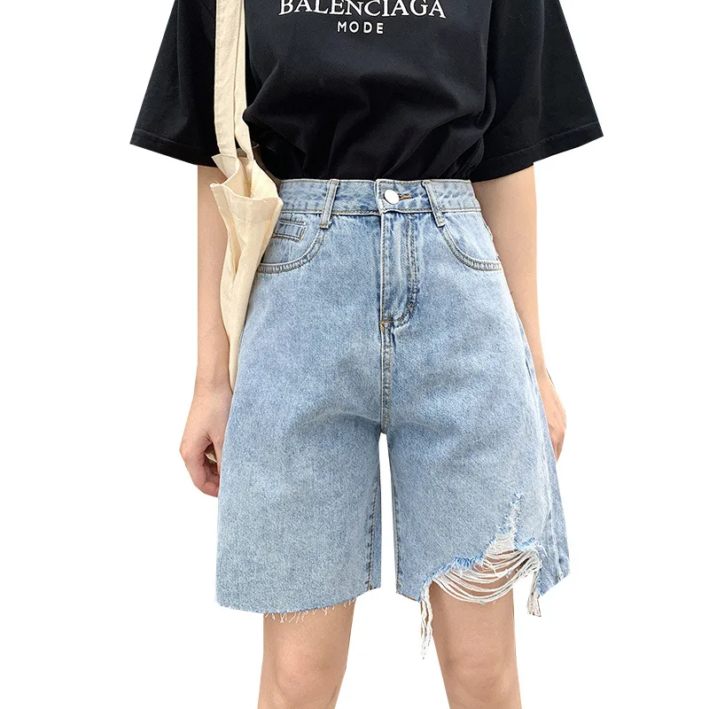 

WANYUCL hole high-waist denim shorts women 2021 summer new loose and thin wild straight wide-leg five-point pants women