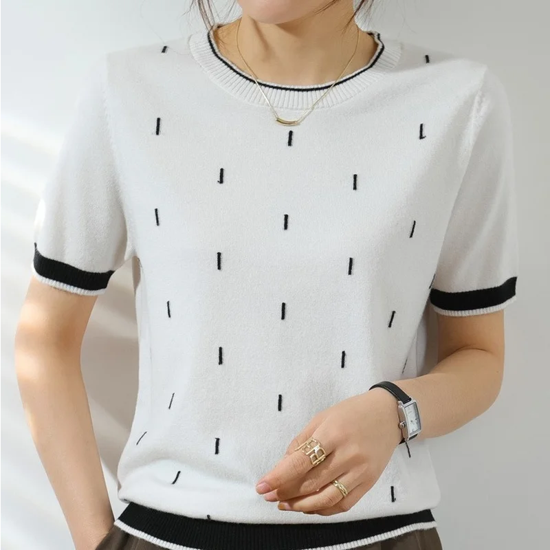 

Korean Fashion Elegant Summer Sweater Women Tees Pullover Large Size Short Sleeve T-shirts Female 2021 New O Neck Casual Tops
