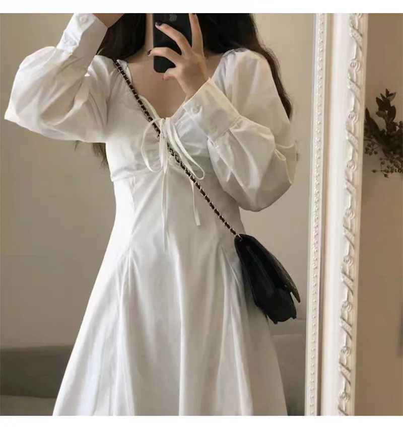 

Simple Summer White Dress Women Sweet Cute V Neck Lace Up Solid Colors Fairy Dress Cottagecore Frencn Bandage Long Sleeve Dress