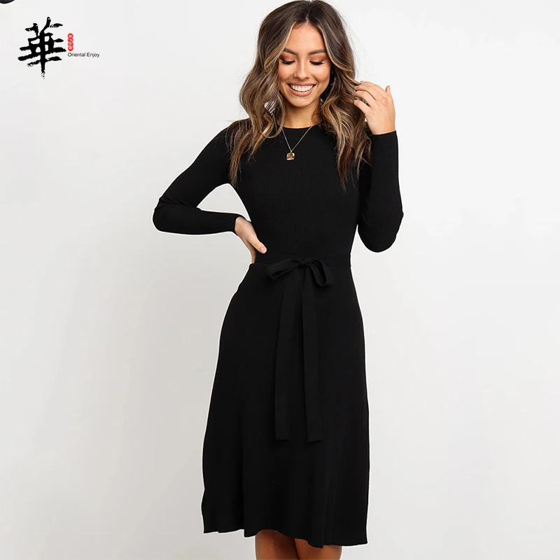 Осеннее черное однотонное Повседневное платье свитер средней длины с длинным