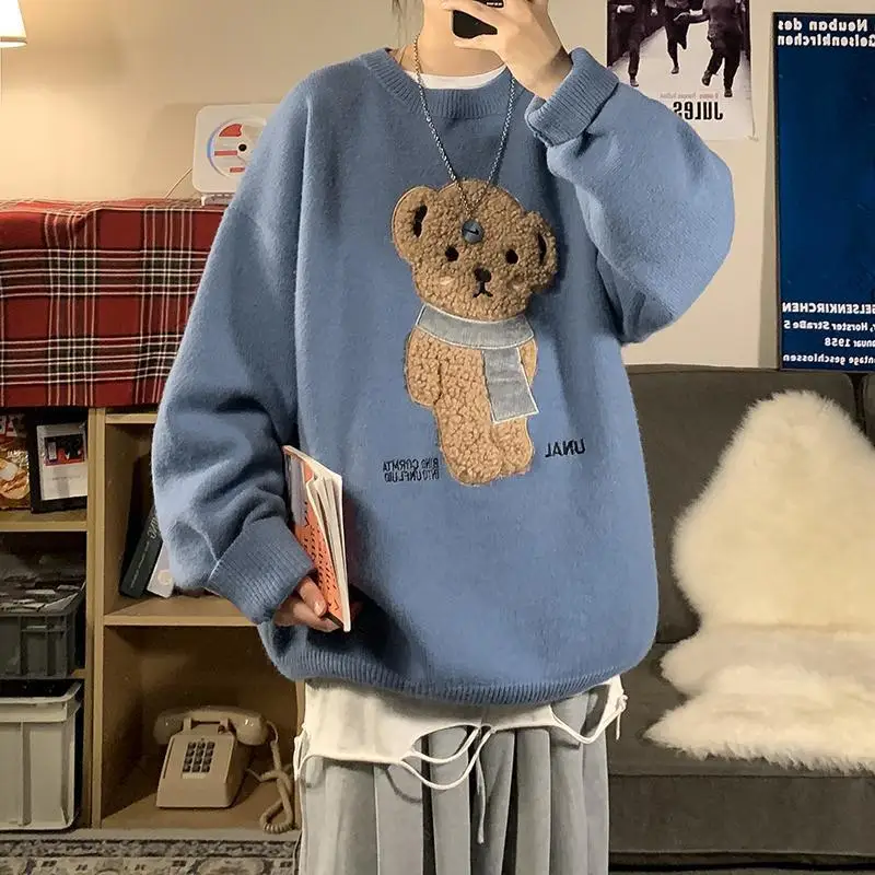 

2021 Eucosm Flocking Cartoon Bear Sweater for Couples Autumn and Winter Loose Round Neck Pullover Japanese Trend Sweater