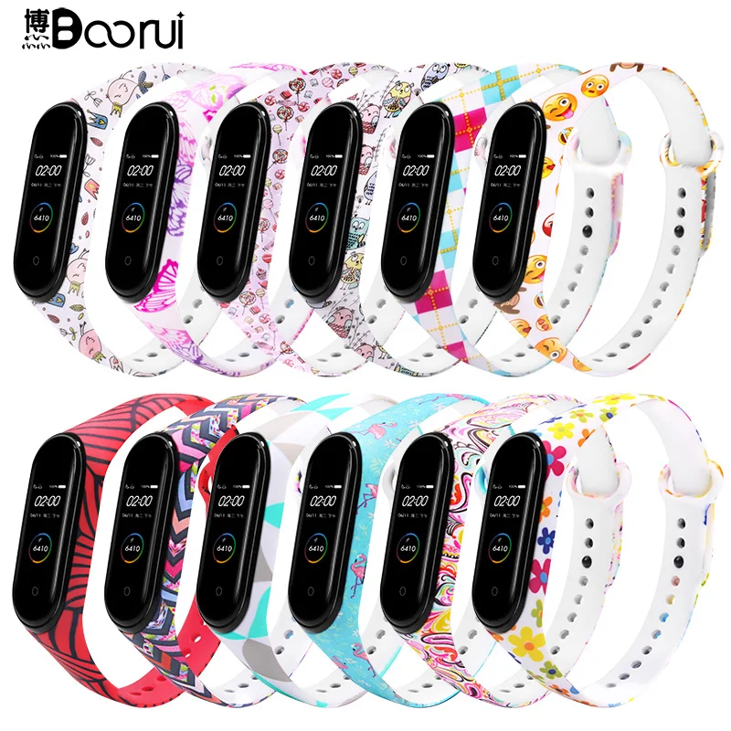 Ремешок BOORUI для mi band 3 4 водонепроницаемый силиконовый ремешок с рисунком цветов