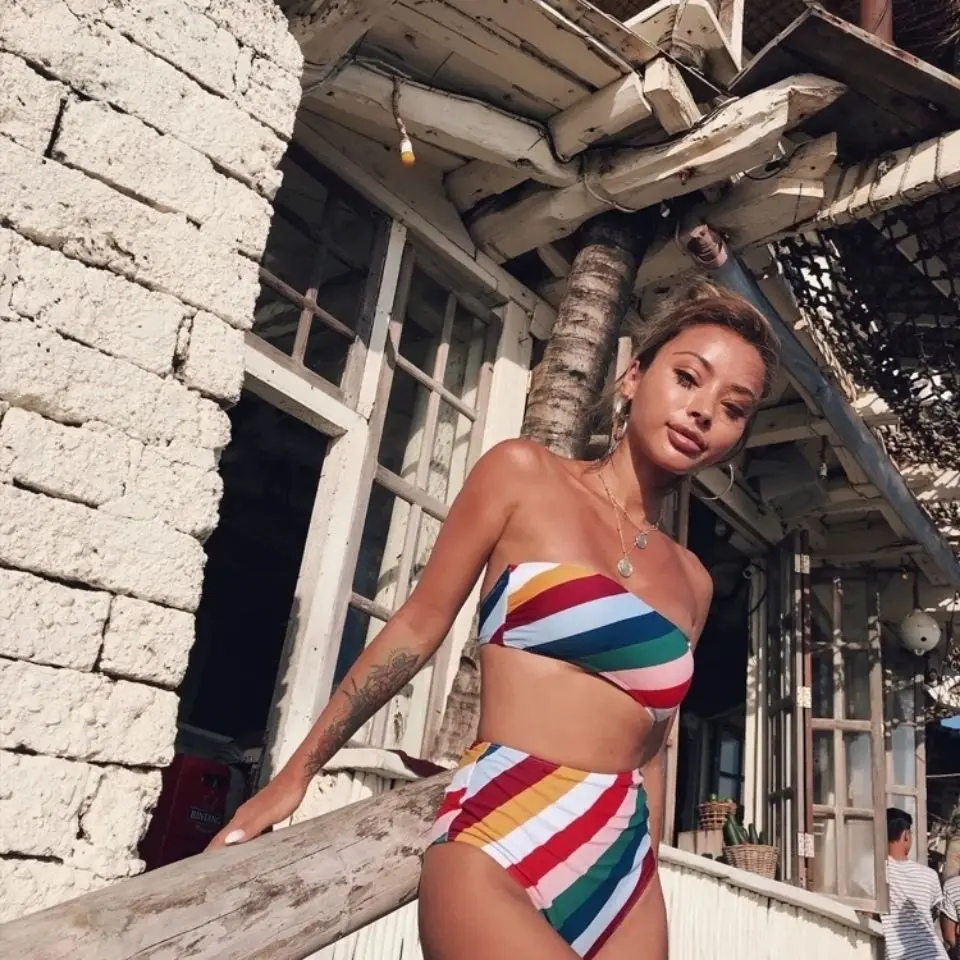 

New Swimsuit Fashion Printed Tube Top Split High Waist Bikini Printed Color Stripe Wrapped Swimsuit Swimwear Women