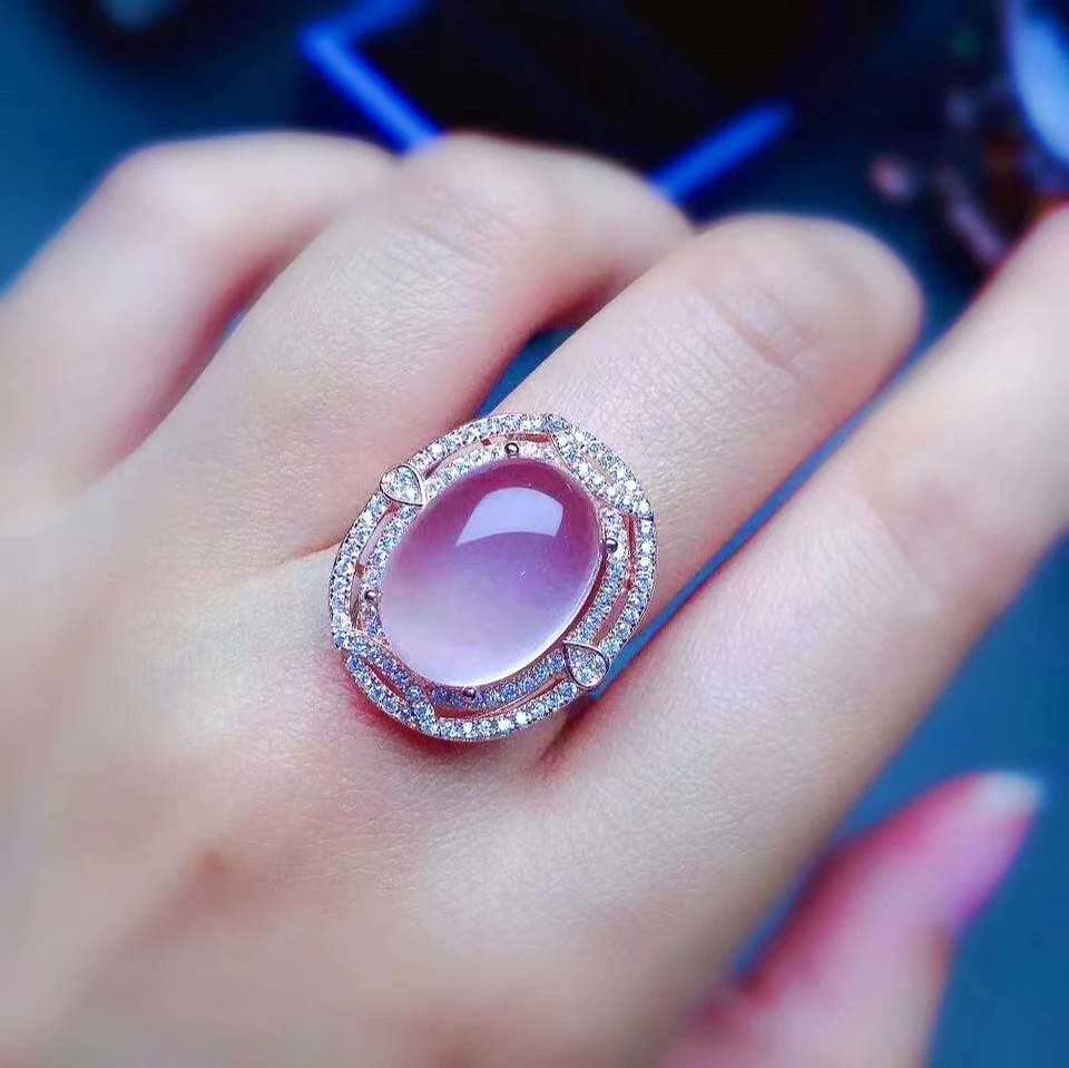 Модное серебряное кольцо с розовым кварцем для вечеринки 10 мм * 14 натуральный