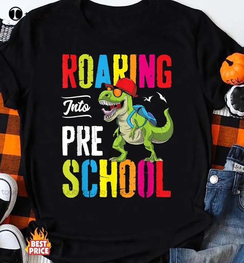 

Roaring Into Preschool Shirt Dinosaur Teacher Pre K Back To School T-Shirt Preschool Boys Kids Tee Shirt Cotton Tee Shirt S-5Xl