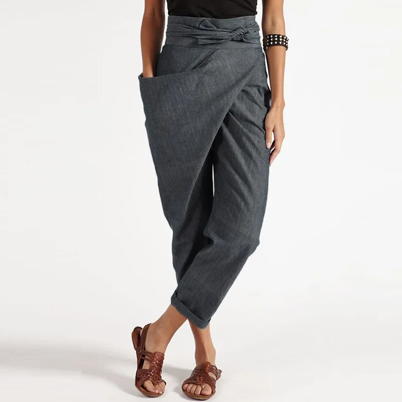 

2020 Solid Full Length Irregular Lace Up Capris Casual Pants Women