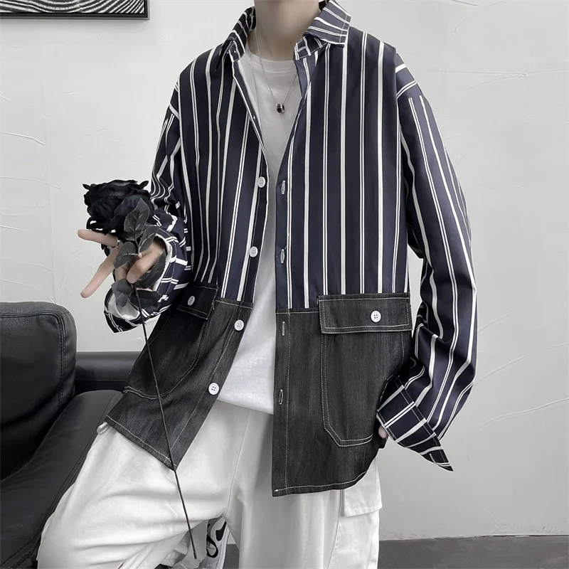 

2022 Men's Fashion Trend Long Sleeve Navy/brown Color Shirts Stripe Printing Loose Casual Multi Pocket Shirts Plus Size M-5XL