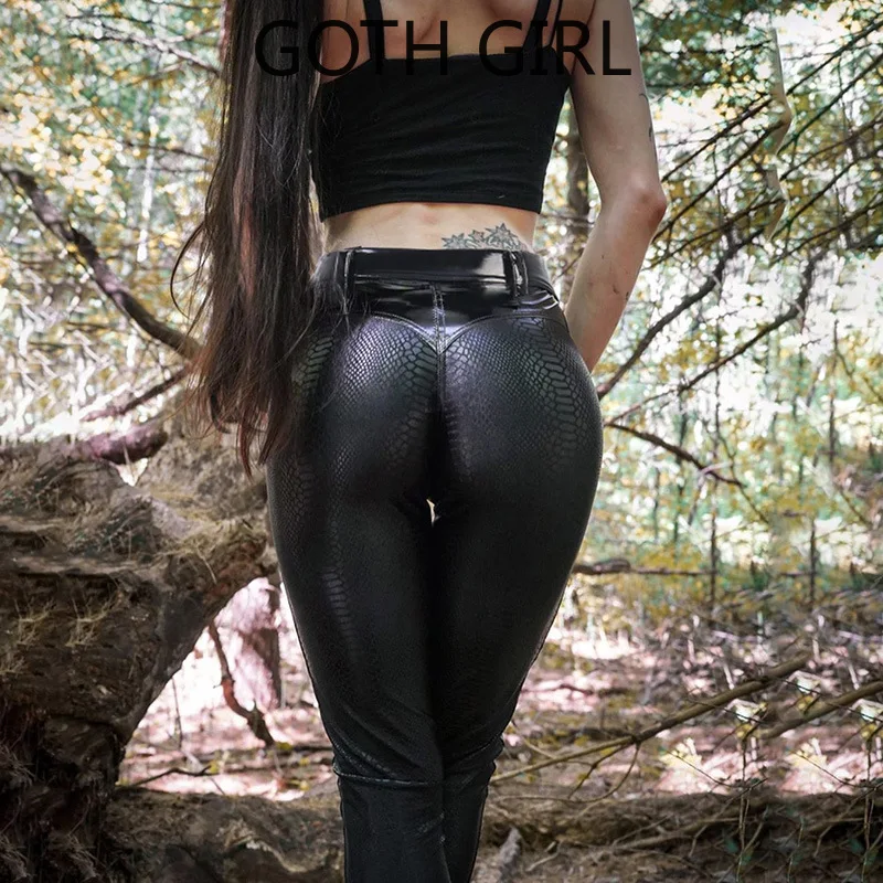 

Goth Girl Autumn Winter Snake Pattern Bright Leather Stitching PU Leather Pants Women's Ins Pants Motorcycle Cross Border Honey
