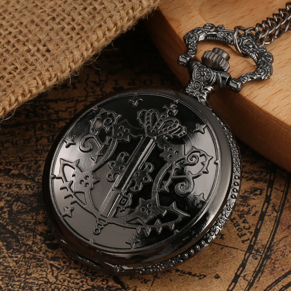 Exquisite Black Pocket Watch Suit Gift Set for Friend Father Quartz Pendant Watch Arabic Numerals Dial Necklace Accessories Kit