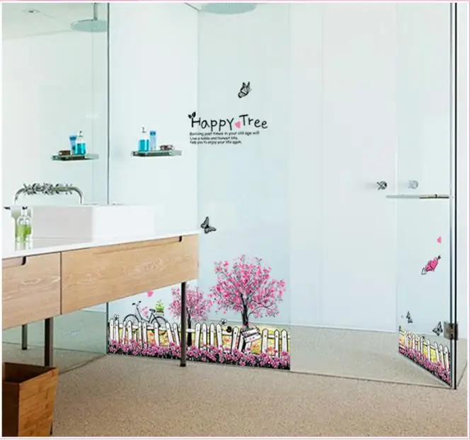 

Wallpaper Happy Tree Bathroom Wall Stickers Baseboard Skirting Pink Flower Fence Butterfly Decal Nursery Living Room Home Decor