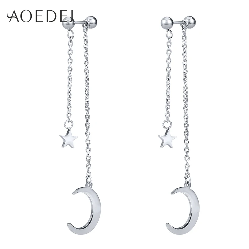 

AOEDEJ Star&Moon Pendant Stud Earrings Stainless Steel Women Earrings with Long Materal Chain Female Jewelry Gifts