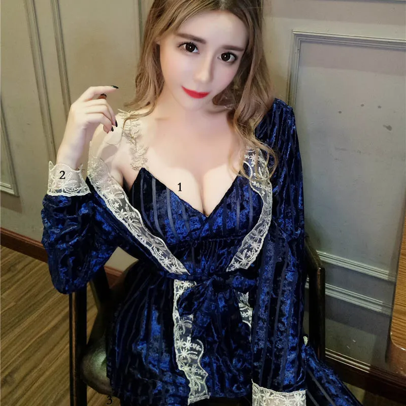 Зима 3 шт новые золотые бархатные пижамы для женщин с v-образным вырезом мягкий