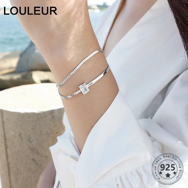 

925 sterling silver AAAA Zircon Double Layer Bracelets Fashion City Wild Square Zircon Adjustable Bracelets For Women Jewelry