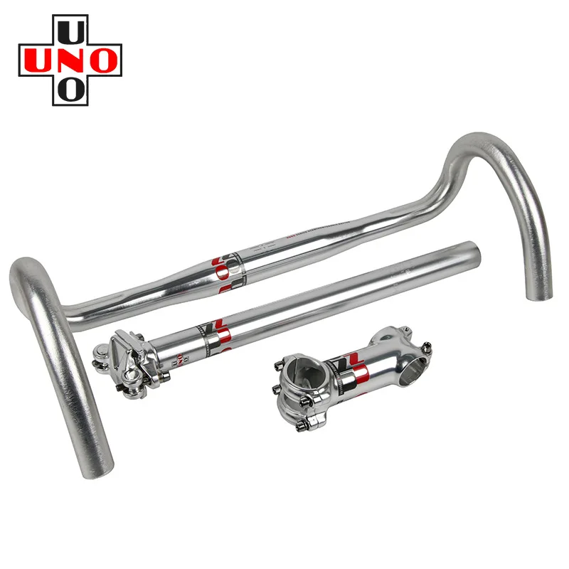 

Three Piece Set UNO Red Logo Road Bicycle Aluminium Alloy Handlebar Bike 7 Degree Stem With Seat Post