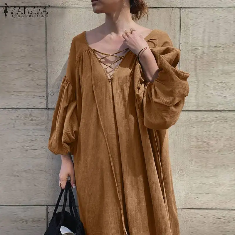 

Женское праздничное пляжное мешковатое платье ZANZEA, модное элегантное Однотонное Платье макси с V-образным вырезом, длинное осенвечерние ве...