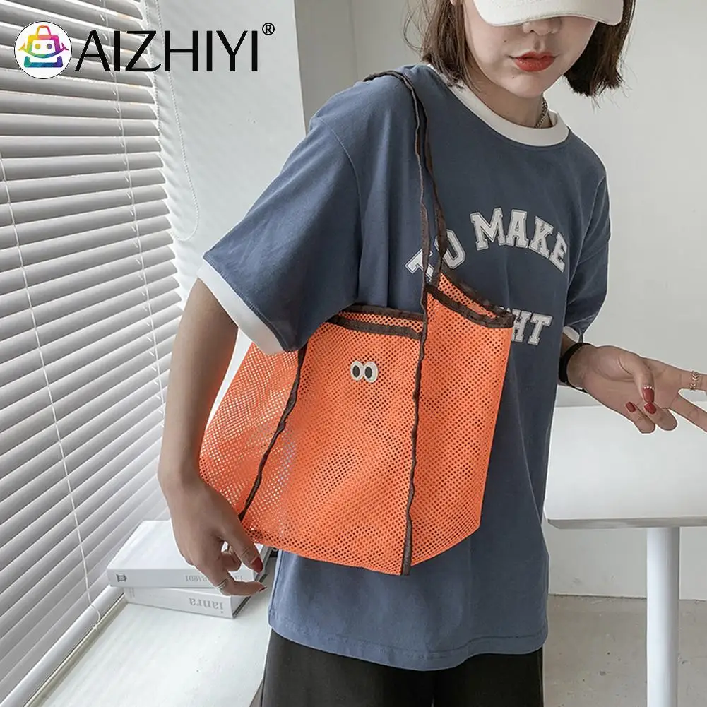 

Fashion Women Mesh Hollow Cartoon Eyes Patchwork Shoulder Shopping Bag Casual Ladies Pure Color Large Capacity Tote Handbags