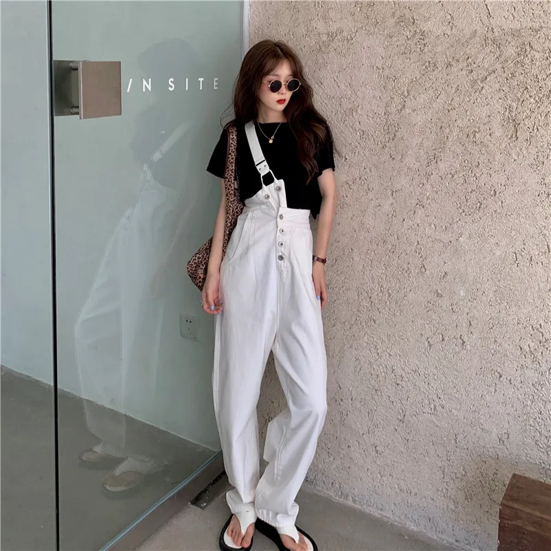 

White high-waisted straight-leg floor mop jeans design feel single wide-leg dad pants with strap