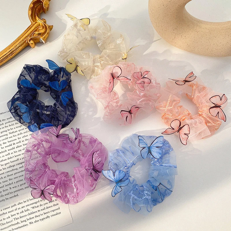 

Sweet Printing Butterfly Mesh Hair Scrunchies Women Romantic Hair Rope Transparent Tulle Organza Hair Tie Hair Accessories