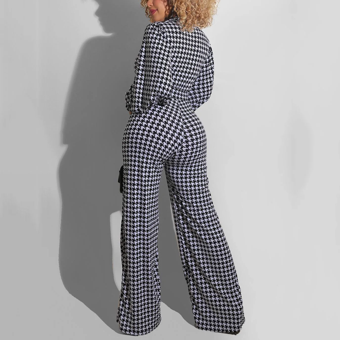 4xl 5xl Plus Size Houndstooth Jumpsuits Long Turn Down Collar Full Sleeve High Waist Elegant For Evening Party Night Rompers New