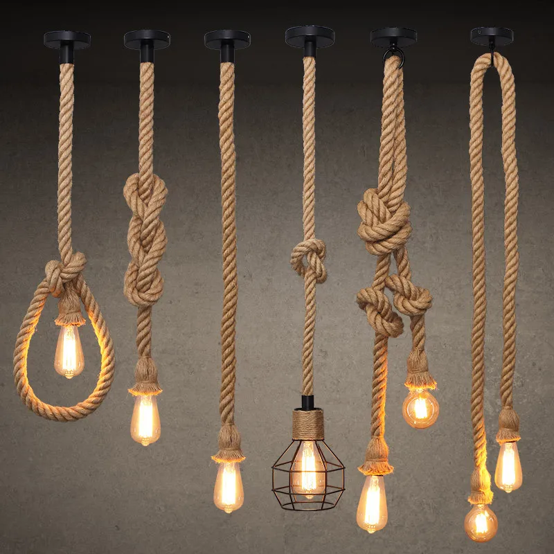 

Retro Hemp Rope Pendant Lights Industrial Loft Vintage Long Single Double Heads Rattan Hanging Lamp Kitchen Bedroom Bar Light