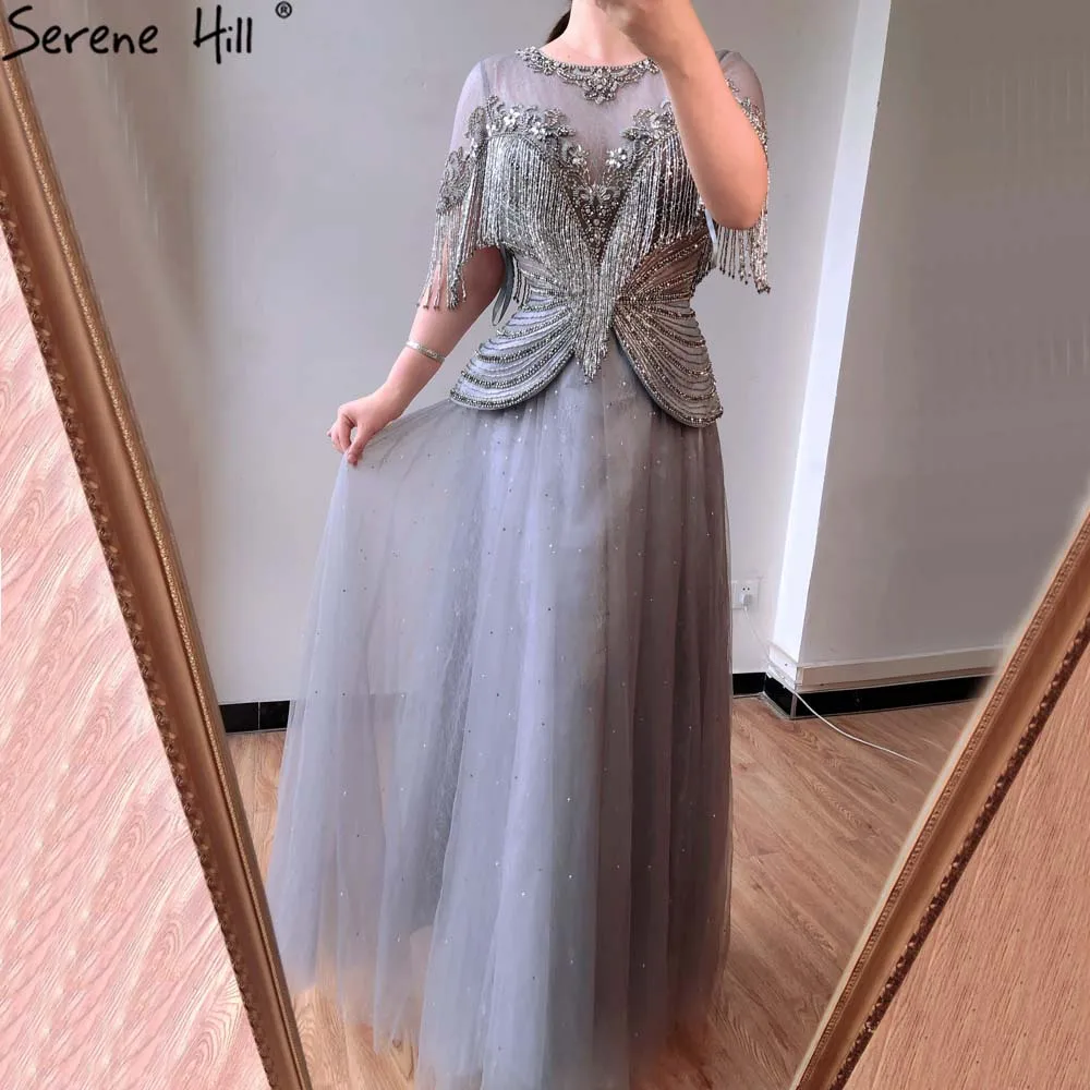 Дубай серый o образным вырезом кисточкой бисером вечерние платья 2021 с коротким