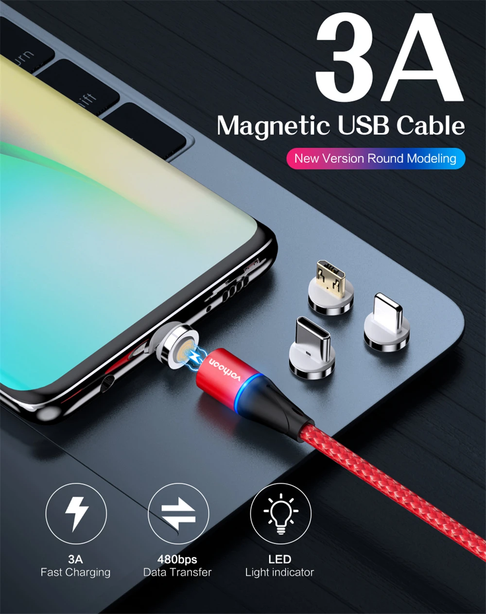 Магнитный usb-кабель votoon 2 м, 3 А, быстрая зарядка, Micro USB type-C кабель для iPhone 11 Pro, samsung S10, Xiaomi, магнитное usb-зарядное устройство