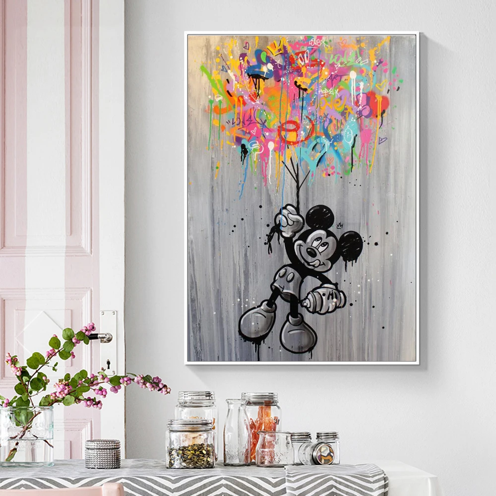 

Disney Anime Poster Street Graffiti Art Painting Pop Art Canvas Print Wall Art Mickey Mouse with Colors Balloon Picture Kid Room