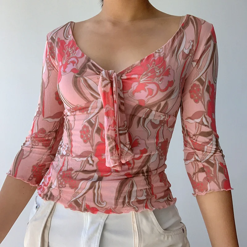 

Women Casual Long Sleeve T-shirt Vintage Flower Printing Tie-up V-neck Pullover Tops