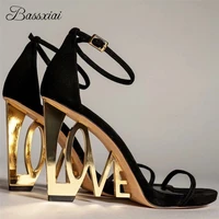 New Design Letter Love-Heel Sandals For Girls Metal Fretwork Strange High Heels Black Suede Party Shoes For Women
