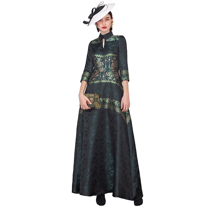 Винтажное длинное платье осень 2019 женское элегантное жаккардовое вечернее для