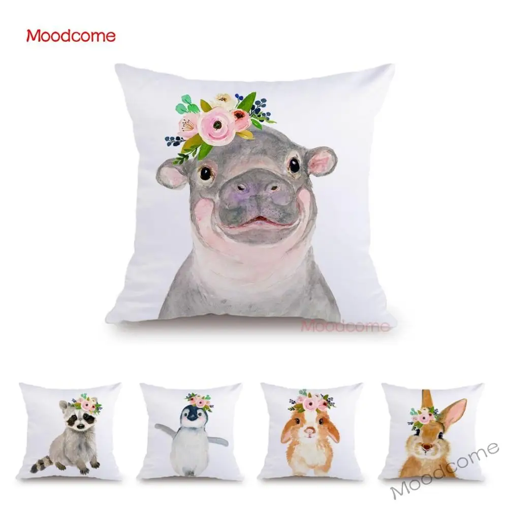 Бархатный Чехол на подушку с цветочными животными пингвинами жирафом бегемотом
