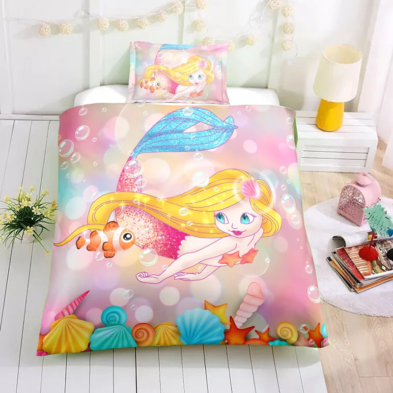 

3D mermaid bedding sets pink gradient background blue tail mermaid playing with fish printing bedding sets