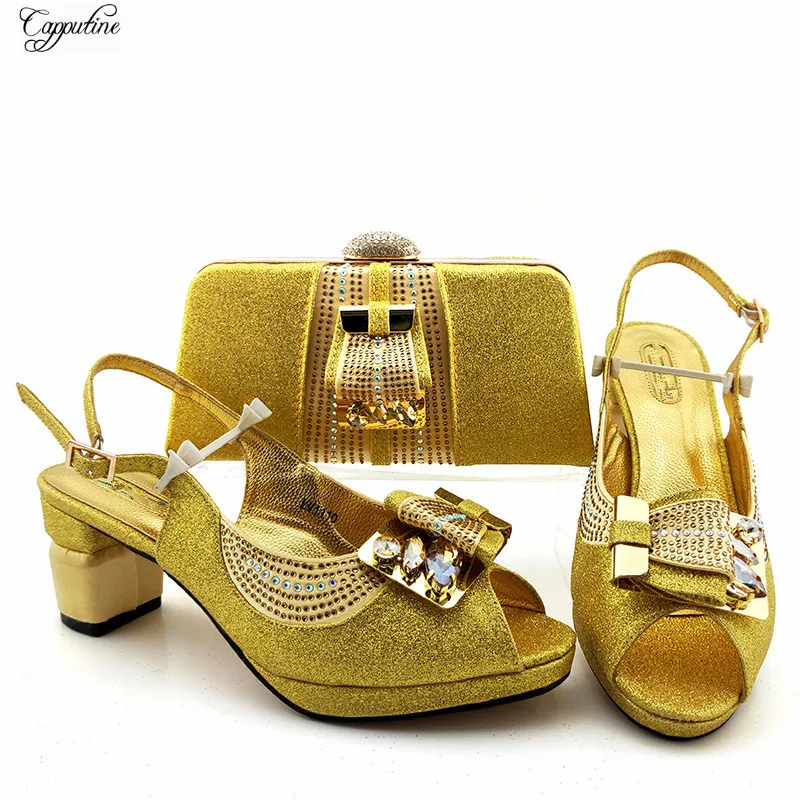 

Elegant Gold Wedding African Women's Pumps Shoes And Handbag With Stones MM1110 Heel Height 7CM
