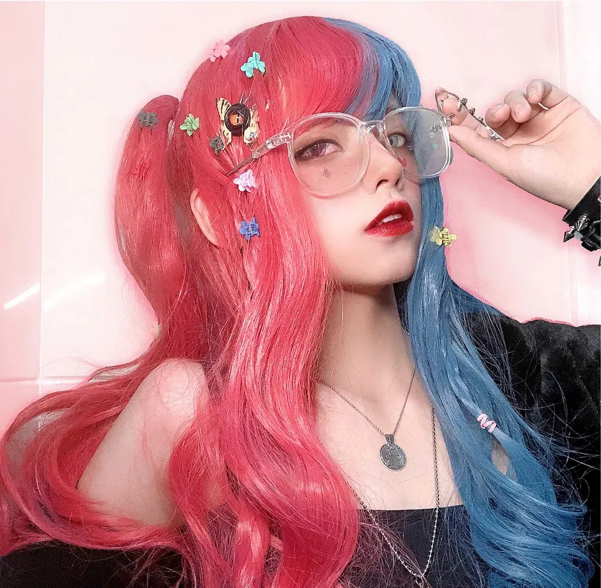 Аниме Косплей волосы 2022 новый стиль Лолита розово-розовый и синий синтетический