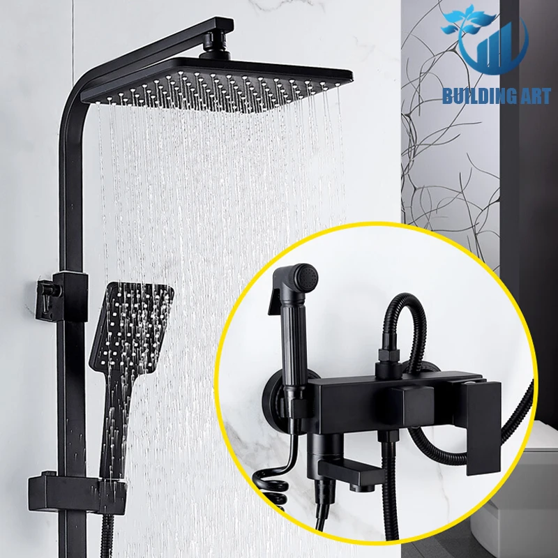 

Black Rain Shower Faucet Set Bath Faucet Basin Faucet Bathtub Shower Mixer Crane Height Adjusted Freely Bidet Faucet 2&3 Ways