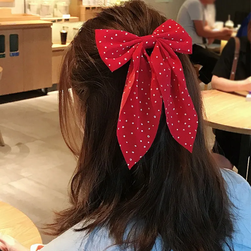 

Chiffon Polka Dot Print Barrettes Fashion Sweet Headwear Big Bow Hair Clip Elegant Double Layer Bowknot Hairpin Hair Accessories