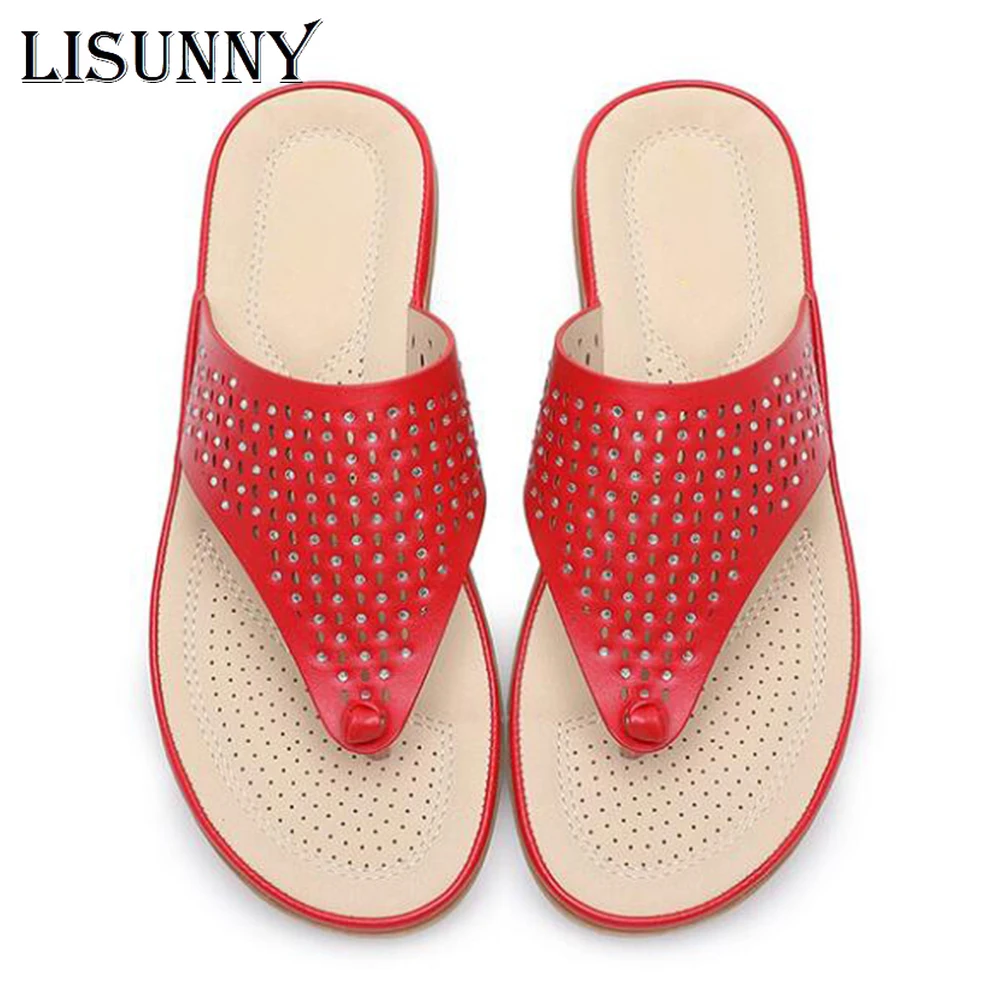 LISUNNY New summer sandals women thongs open toe rhinestones hollow woman beach shoes casual flat ladies stitching slippers | Обувь